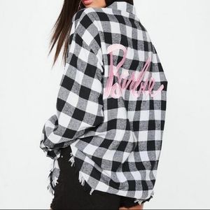 Missguided x Barbie Oversized Embroidered Flannel Shirt